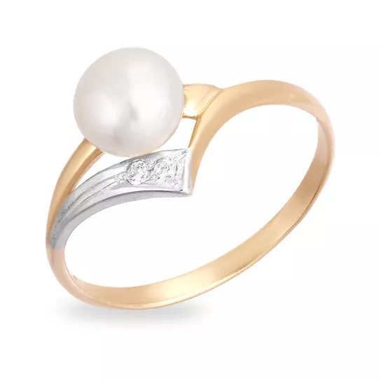 Кольцо с жемчугом и фианитом из золота